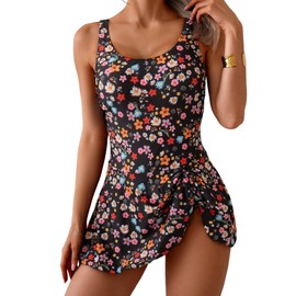 Eomenie One Piece Swimdress Swimsuits for Women Tummy Control Swim Dresses Skirt Bathing Suit Black Floral