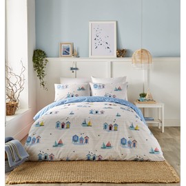 Fusion - Beach Huts - Duvet Cover Set - Double Size in Blue
