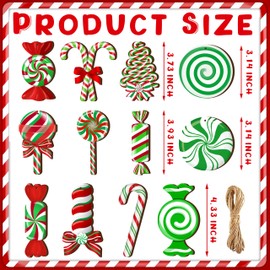 24Pcs Christmas Candy Lollipop Ornaments, Double-Sided Printing Christmas Ornament for Xmas Tree Decoration Wooden Hanging Peppermint Candy Cane Ball Pendants for New Year Home Decor (Red Green White)