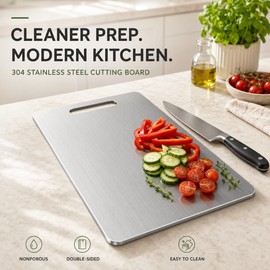 304 Stainless Steel Cutting Board – 13.4 × 9.1 in Thickened Double-Sided Chopping Board with Handle for Meat, Fruit, Vegetables & Dough