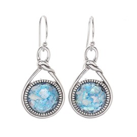 NOVICA Handmade .925 Sterling Silver Roman Glass Dangle Earrings Knot Pattern from Thailand Stone [1.2 in L x 0.7 in W] 'Roman Knot'