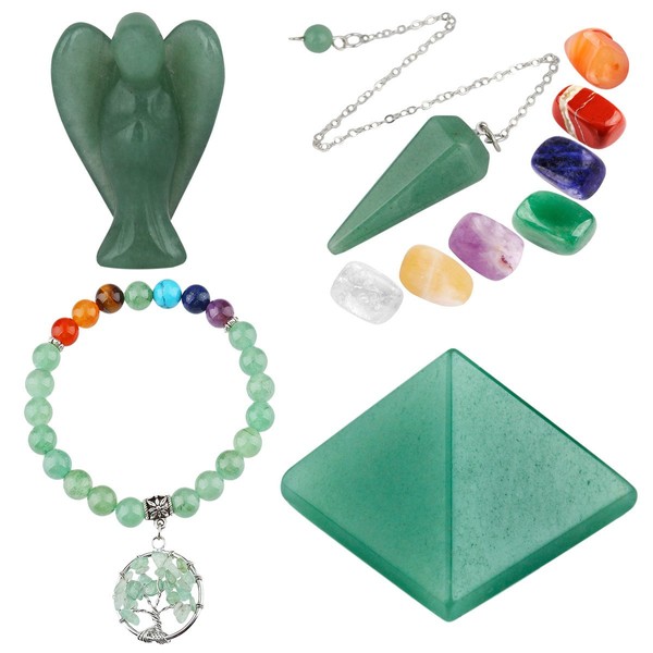 mookaitedecor Green Aventurine Healing Crystals Set, 7 Chakra Bracelet, Palm Stones, Pendulum, Pocket Guardian Angel, Pyramid Meditation Kits for Reiki,Balancing
