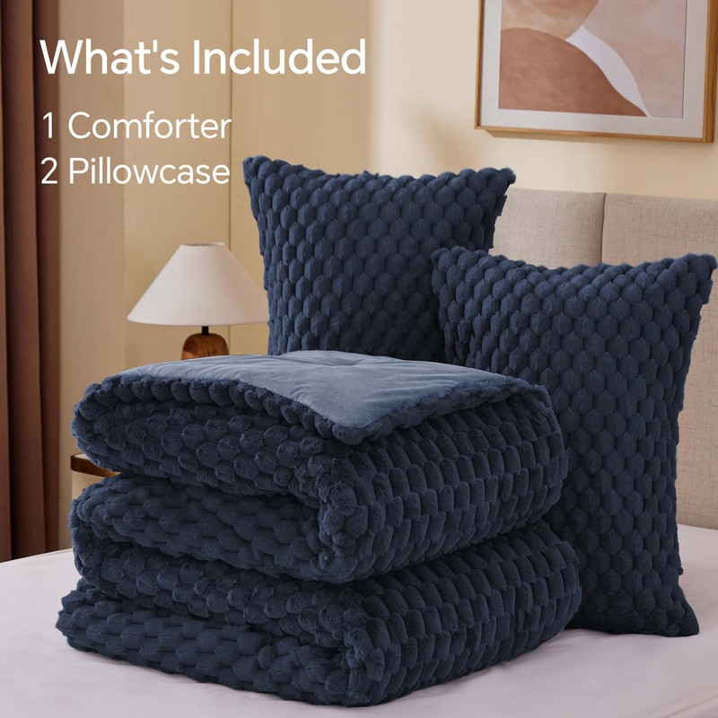 BEDELITE Fluffy King Size Comforter Set - Navy Blue Fleece