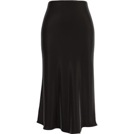 Soowalaoo Womens Black Skirt Midi Long Length Silk Satin High Waisted Elastic Casual Solid Color Skirts M