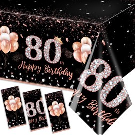 GREHUMOR 3Pcs 80th Birthday Tablecloth Decorations for Women-Rose Gold Pink Table Cloth Happy 80 Birthday Theme Party Supplies Table Cover Plastic Disposable Rectangular Party Decorations