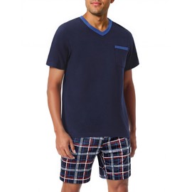 Litherday Men's Pyjamas Set Cotton Short Pjs Loungewear V-Neck T-Shirt and Plaid Shorty Bottoms with Pockets Summer Nightwear Sleepwear S-XXL Navyblue