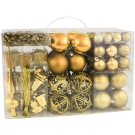 BRUBAKER 101 Pack Assorted Christmas Ball Ornaments - Shatterproof - with Green Pickle and Tree Topper - Designed in Germany - Gold