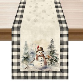 XCHI Watercolor Buffalo Plaid Snowman Snowflakes Christmas Winter Xmas Table Runner Table Decoration for Home Kitchen Dining Holiday Decor 13x90 Inch