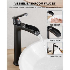 HOIGY Waterfall Bathroom Sink Faucet, Brass Tall Black Bathroom Faucet Single Handle Vessel Faucet, Bathroom Faucets One Hole Mixer Bowl Tap with Pop-Up Drain Water Hoses for Vanity Lavatory Farmhouse