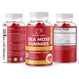 Healthier Options Irish Sea Moss Gummies with Bladderwrack & Burdock Root 5680 Mg | 60 Gummies | Strawberry Flavour | Vitamins & Minerals | Organic, Natural, Vegan, Gluten Free, Non GMO, High Strength