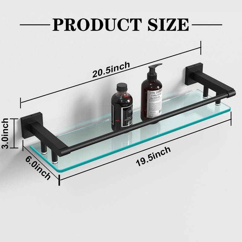 SFGSOWOR Bathroom Glass Shelf 20IN Rectangular Stainless Steel Tempered Glass