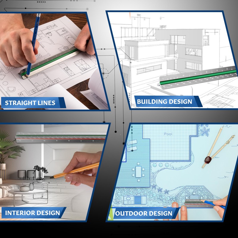Stylo 12" Aluminum Architect Scale Ruler Laser Etched Triangle Drafting