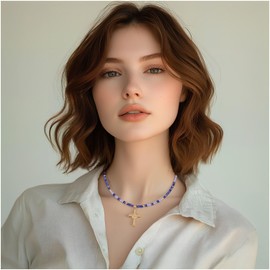 JEMUALE Beaded Necklaces for Women Gold Cross Necklace Natural Stone Dainty Faith Cross Pendant Charm Necklace Gifts Blue