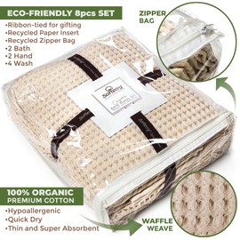 Softerry European Waffle Weave Bath Towel Set - 100% Organic Cotton - Quick Dry Lint Free Thin and Absorbent - Fade Resistant - Eco-Friendly (Set of 8, Natural)