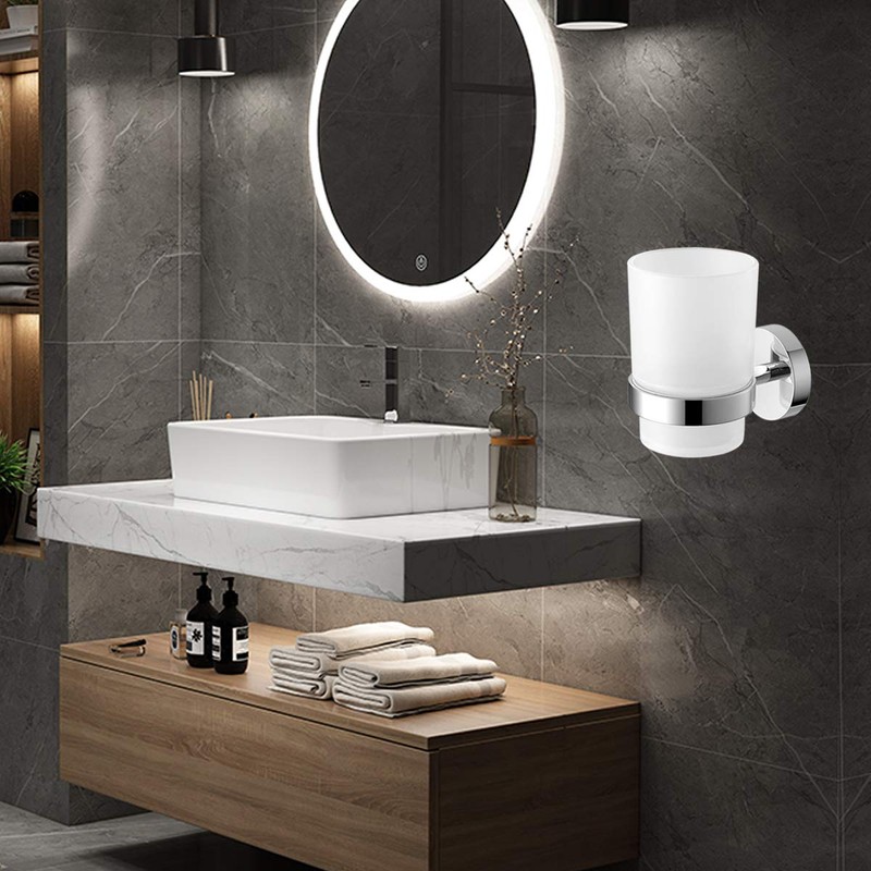 Puloita Wall-Mounted Toothbrush Holder with Frosted Glass Cup Set for