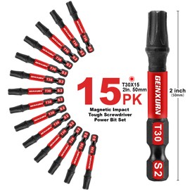 Geinxurn 15 Pieces T30 Impact Tough Magnetic Screwdriver Bit Set, 2 In. #30 Torx Head Power Bit Set, S2 Alloy Steel T30 Star Bit Set