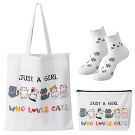 ViEinkaufen Cat Gifts for Women,Cat Tote Bag, Makeup Bag and Cat Women's Sock Canvas Tote Bag with Inner Pocket Reusable Foldable Canvas Grocery Shopping Bag for Girls Friends Teachers