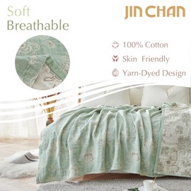 jinchan Boho 100% Cotton Muslin Queen Size 80x90 Inches Blanket Lightweight 4-Layer Quilted Soft Green and Beige Floral Throw Blanket Reversible Comfy Flower Rustic All Seasons Couch Bedroom Decor