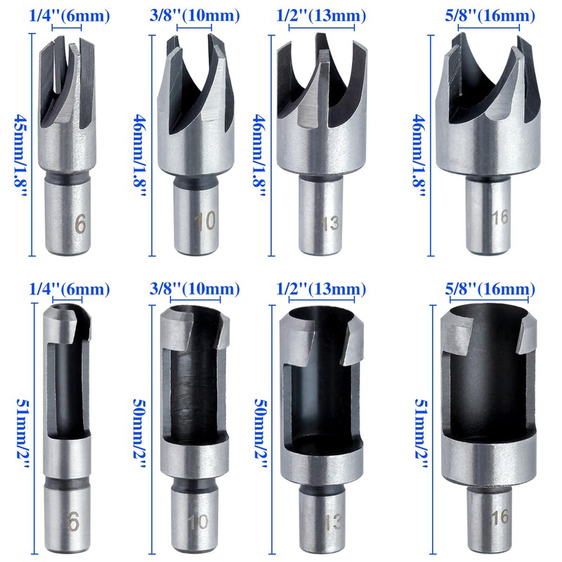 LEONTOOL 8Pcs Wood Plug Cutter Drill Bit Set Straight and