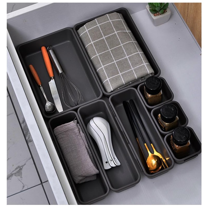 8PCS Plastic Interlocking Drawer Organizer, 3 Sizes Versatile Desk Drawer