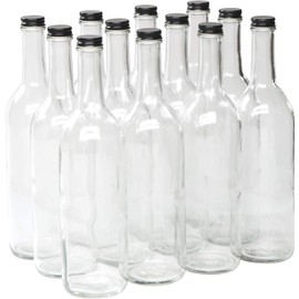 North Mountain Supply 750ml Clear Glass Bordeaux Wine Bottle Flat-Bottomed Screw-Top Finish with Black Metal Lids - Case of 12