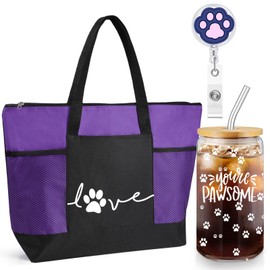 Bulyoou 3 Pcs Christmas Vet Tech Gifts Tote Bag with Mesh Pocket You're Pawsome Sign 16 Oz Glass Cup Cute Paw Sign Badge Reel Xmas Gift for Veterinary Vet Tech Coworker Animal Nurse(Purple)