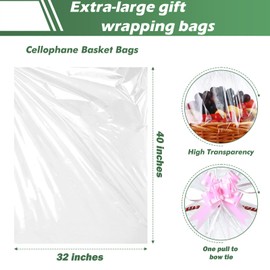 30 Packs 32” x 40” Gift Wrap Cellophane Bags for Basket Extra-large Jumbo Clear Cellophane Wraps Clear Huge Cello Bags for Basket, Gift, Christmas Tree, Art and Craft, 30ct Light Pink Ribbon Bows