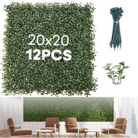 Grass Wall Panels 20″ × 20″ (12 Pack) – UV-Protected Artificial Boxwood Hedge Greenery Backdrop Covers 33.33 sq ft, Indoor/Outdoor Privacy Fence Screen, Zip Ties & Spare Leaves Included