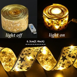 GIHOO Christmas Tree Decorations String Lights 32ft 100 LED Lights Copper Wire Ribbon Bows Lights for Party Weddings Holiday Christmas Tree Decorations (Width 6.3cm Gold Warm Light)