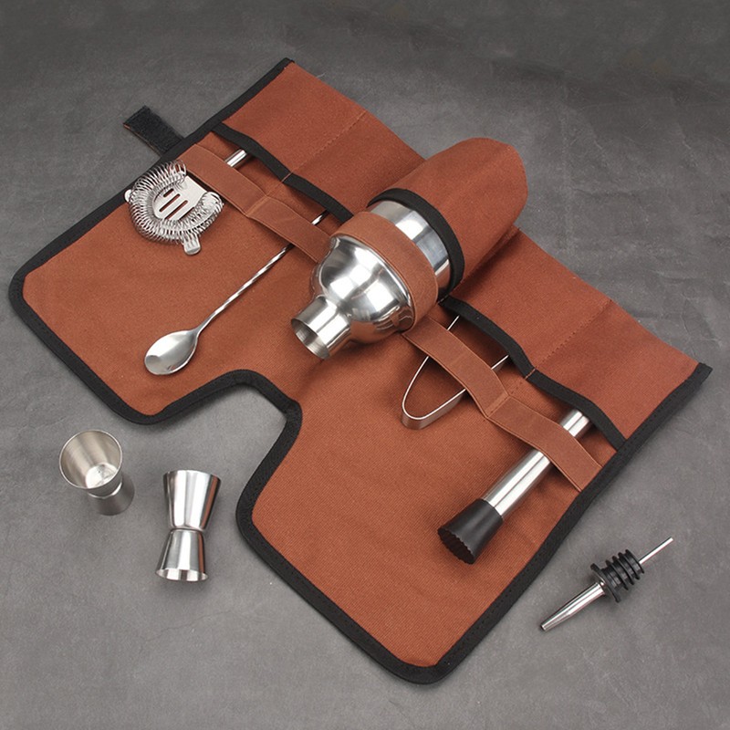 Canvas Cocktail Set Carry Bag Portable Folding Roll Strap Professional