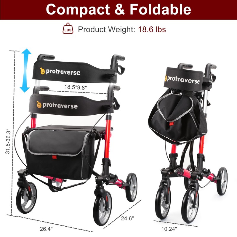 ProTraverse Foldable Rollator Walker with Seat, Standard Height Lightweight Rollator