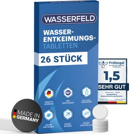 WASSERFELD® Water Purification Tablets [Pack of 26] - Made in Germany - NSF Tested Water Treatment Tablets for 2,600 L Drinking Water - Emergency Equipment - Drinking Water Treatment