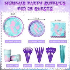 400Pcs Mermaid Paper Plates and Napkins Set,Mermaid Birthday Party Supplies Disposable Dinner Tableware Plates Napkins Cups Knives Spoons Fork for Mermaid Kids Birthday Party Decorations,Serve 50Guest