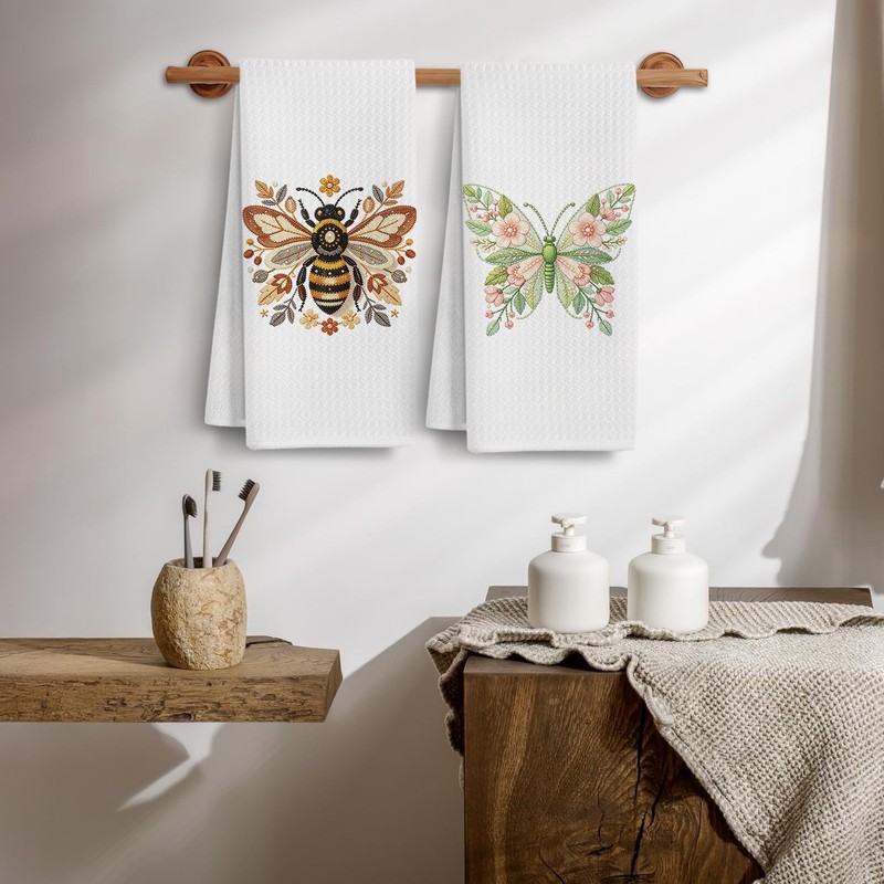 Floral Bee Butterfly Kitchen Towels 16x24 Inch Set of 2