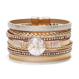 Fesciory Leopard Bracelet for Women, Boho Leather Wrap Multi-Layer Pearl Crystal Bracelet Bangle Jewelry(Round Pearl(Gold))