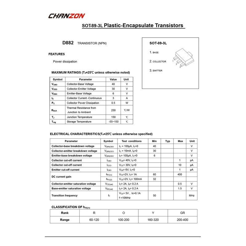 Chanzon 20pcs 2SD882 SOT-89 NPN Power Transistor 3A SMD