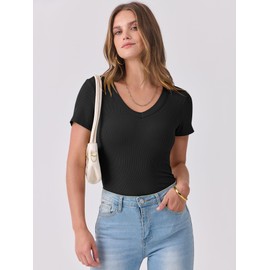 ANRABESS Women Short Sleeve V Neck Ribbed Knit Fitted Shirts Basic Tees Tops 2025 Summer Casual T-Shirts Going Out Outfits Black Large