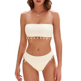 ZAFUL Women Strapless Bandeau Bikini Shell 2 Piece Swimwear Cheeky Solid Lace up Pom Bathing Suits(0-Beige,M)