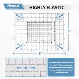 Cargo Net for Pickup Truck Bed 4' x 3' Stretches to 8' x 6' Ruck Bed Cargo Net with 12 Metal Carabiners - Truck Bed Accessories for Dodge RAM, Ford, Chevy, Toyota