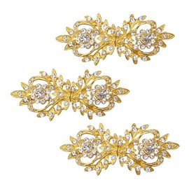 WANDIC Cloak Clasp Fasteners, 3 Pairs 7CM Gold Clips with Rhinestone Vintage Cape Sew On Hooks and Eyes Clasps Cardigan Clips for Clothing Sweater Shawl