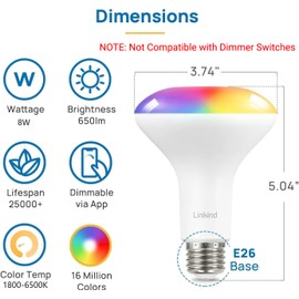 Linkind BR30 Smart Light Bulbs, WiFi Flood Light Bulbs Compatible with Alexa & Google Home, RGBTW Color Changing Light Bulb, 1800K-6500K Tunable White, E26 8W Equivalent 60W, 2.4Ghz WiFi only, 4 Pack