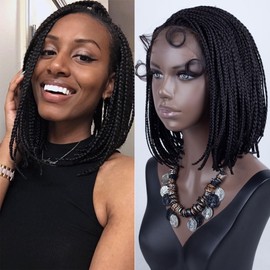 DIRUISI 12 Inches Short Box Braided T-Lace Front Wigs with Baby Hair Full Braids with Natural Side Bob A-Line Synthetic Hair Braided Wigs for Black Women for Daily Wear (1B#)