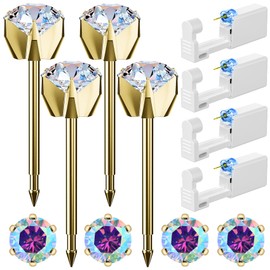Nunpag 12 Pcs Ear Piercing Kit Disposable Ear Piercing Gun Kit with 4 Pcs 6 Prong Setting Cubic Zirconia Earrings Stud 316L Stainless Steel Easy to Use at Home Self Ear Piercer Gun Kit Tool, Gold