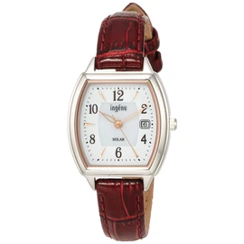 Seiko AHJD413 Women's Wristwatch, ingenu, Solar, Tonneau Type, Calendar Included, Red, Dial color - white, Solar Tonneau Watch with Calendar
