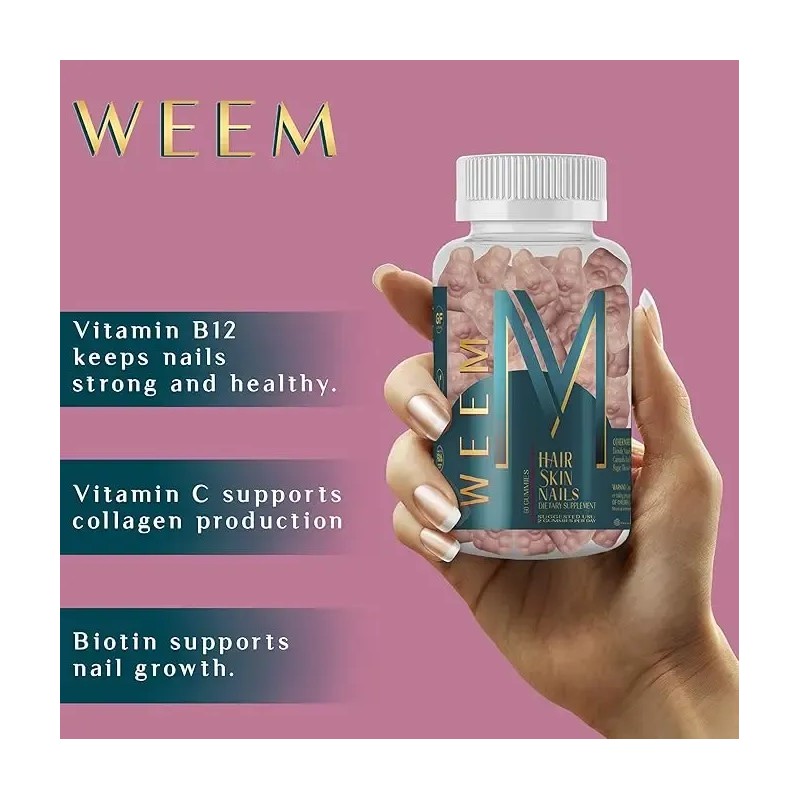 Weem Cabello, Piel Y Uñas 60 Gummies Con Biotina Frambuesa