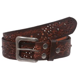 1 1/2" Snap On Embossed Vintage Cowhide Full Grain Leather Floral Rivet Perforated Casual Belt, Brown | 40