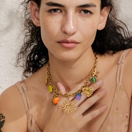 Mchic Beach Charm Necklace for Women Gold Chunky Paperclip Chain with Sun Starfish Shell Crystal Pendant Tropical Summer Ocean Jewelry Vacation Necklace Coastal Style