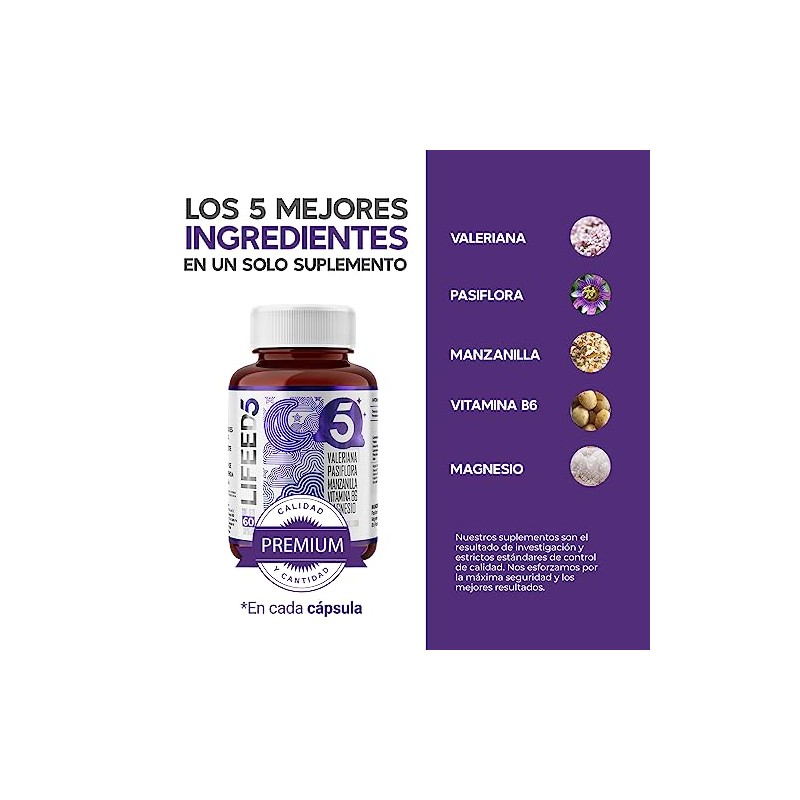 Lifeed5 Sleep Magnesio Vitamina Complejo Valeriana Pasiflora Manzanilla Cápsulas 630