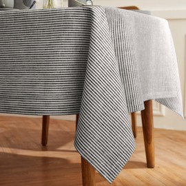 Solino Home Stripe Linen Tablecloth 108" L x 60" W Inch – 100% Pure Linen Black and White Spring Tablecloth – Farmhouse Rectangle Tablecloth for Winter – Narrow Stripe