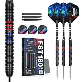 Formula Sports 90% Tungsten Darts Metal Tip Set 21g/22g/23g/24g, Professional Steel Tip Darts with Aluminum Shafts, Tungsten Barrels, Extra Flights, Dart Sharpener (Blue&Red, 23g)